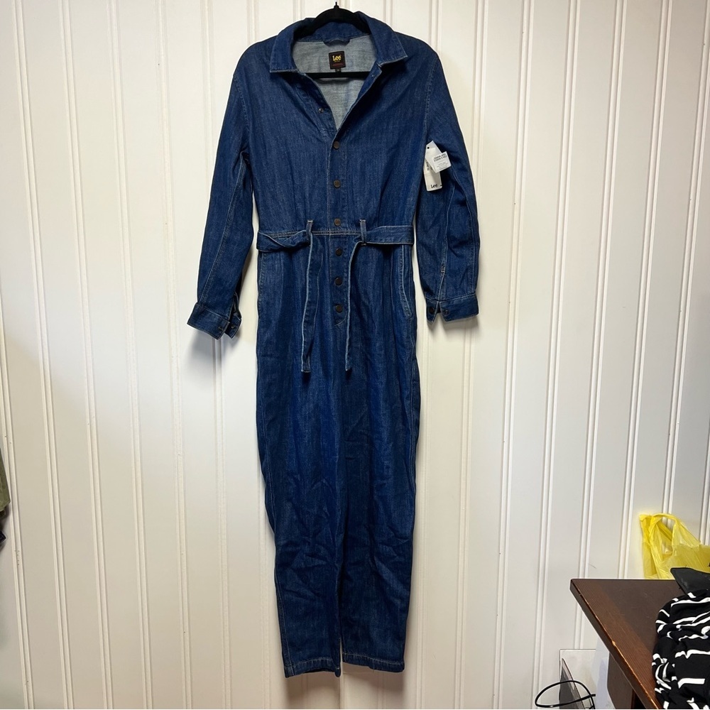 Lee Denim Jumpsuit Womens Medium Organic Cotton Pleated Overall Belted Blue NWT